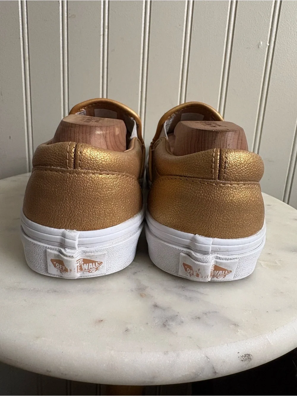 Vans Leather Slip Ons Sneakers Women 8.5 Gold Casual Classic Streetwear Metallic - Picture 7 of 8